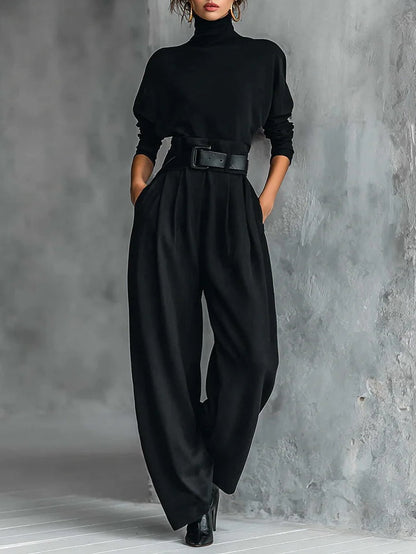 Conjunto de dos piezas de camiseta de manga larga con cuello alto negra y pantalones de pierna recta (incluye cinturón)