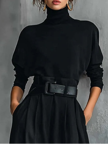 Conjunto de dos piezas de camiseta de manga larga con cuello alto negra y pantalones de pierna recta (incluye cinturón)
