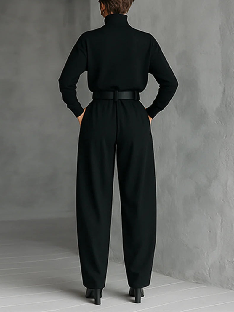 Conjunto de dos piezas de camiseta de manga larga con cuello alto negra y pantalones de pierna recta (incluye cinturón)