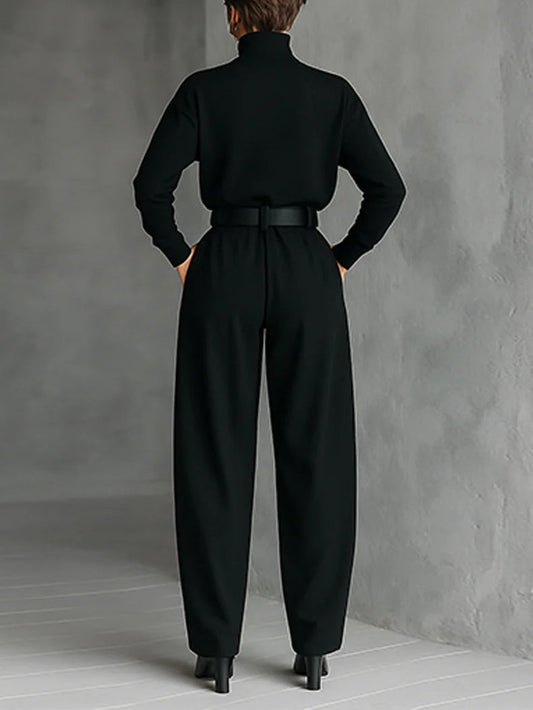 Conjunto de dos piezas de camiseta de manga larga con cuello alto negra y pantalones de pierna recta (incluye cinturón)