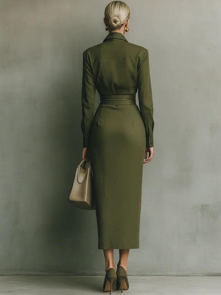 Vestido largo mezclado de algodón verde ejército