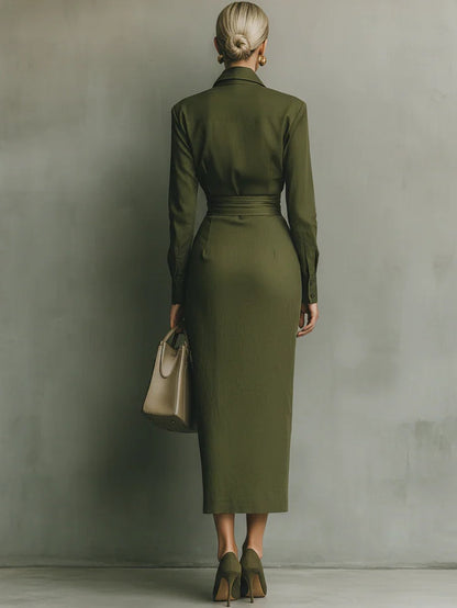Vestido largo mezclado de algodón verde ejército