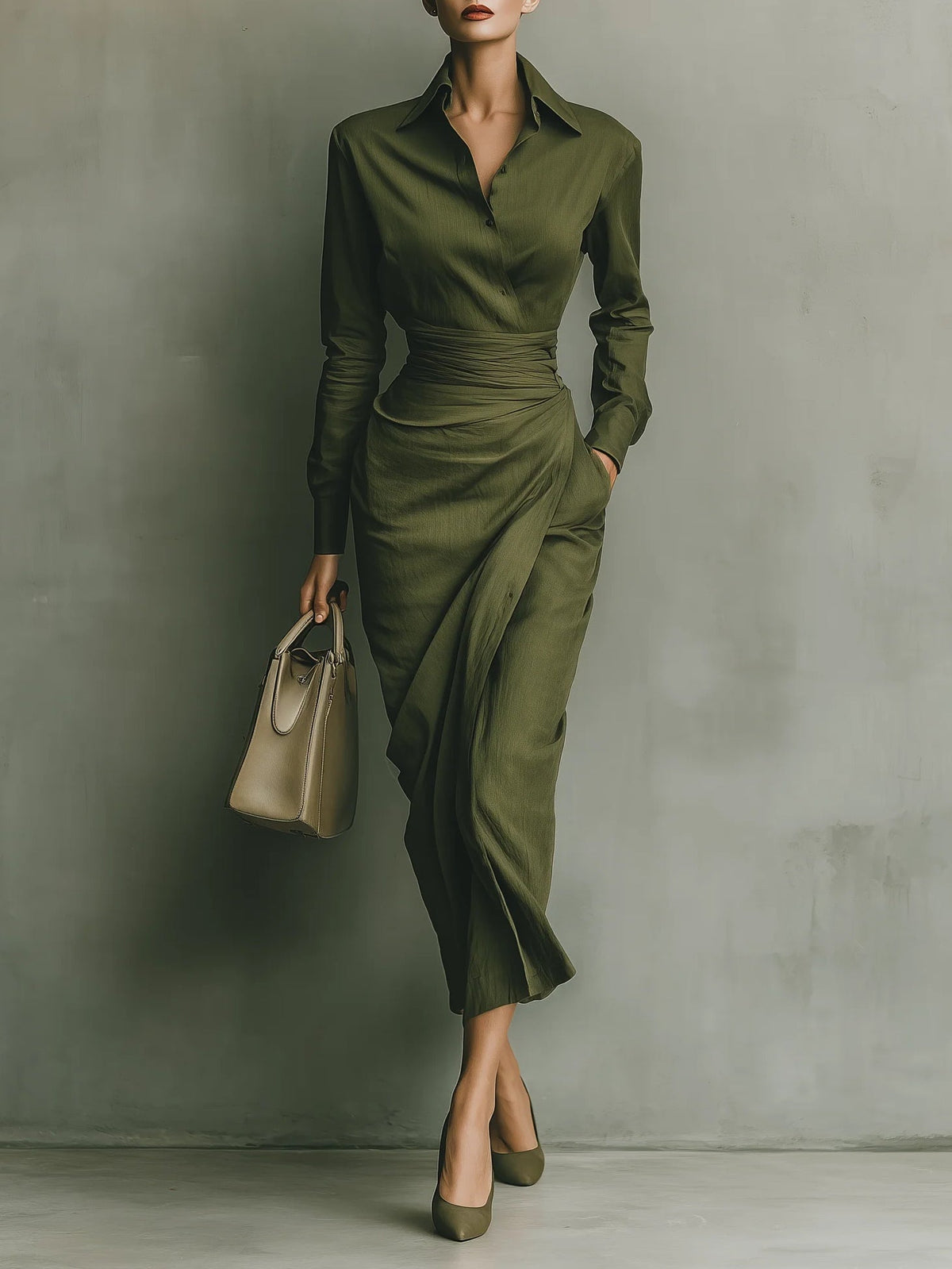 Vestido largo mezclado de algodón verde ejército