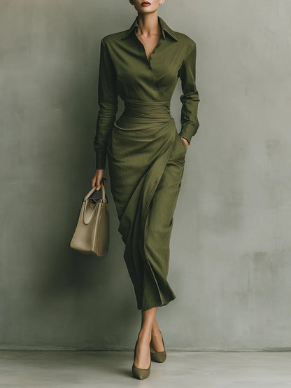 Vestido largo mezclado de algodón verde ejército