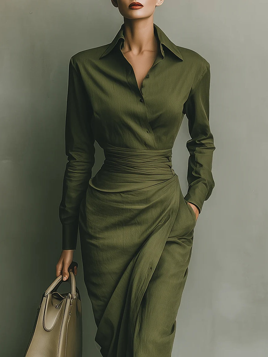 Vestido largo mezclado de algodón verde ejército