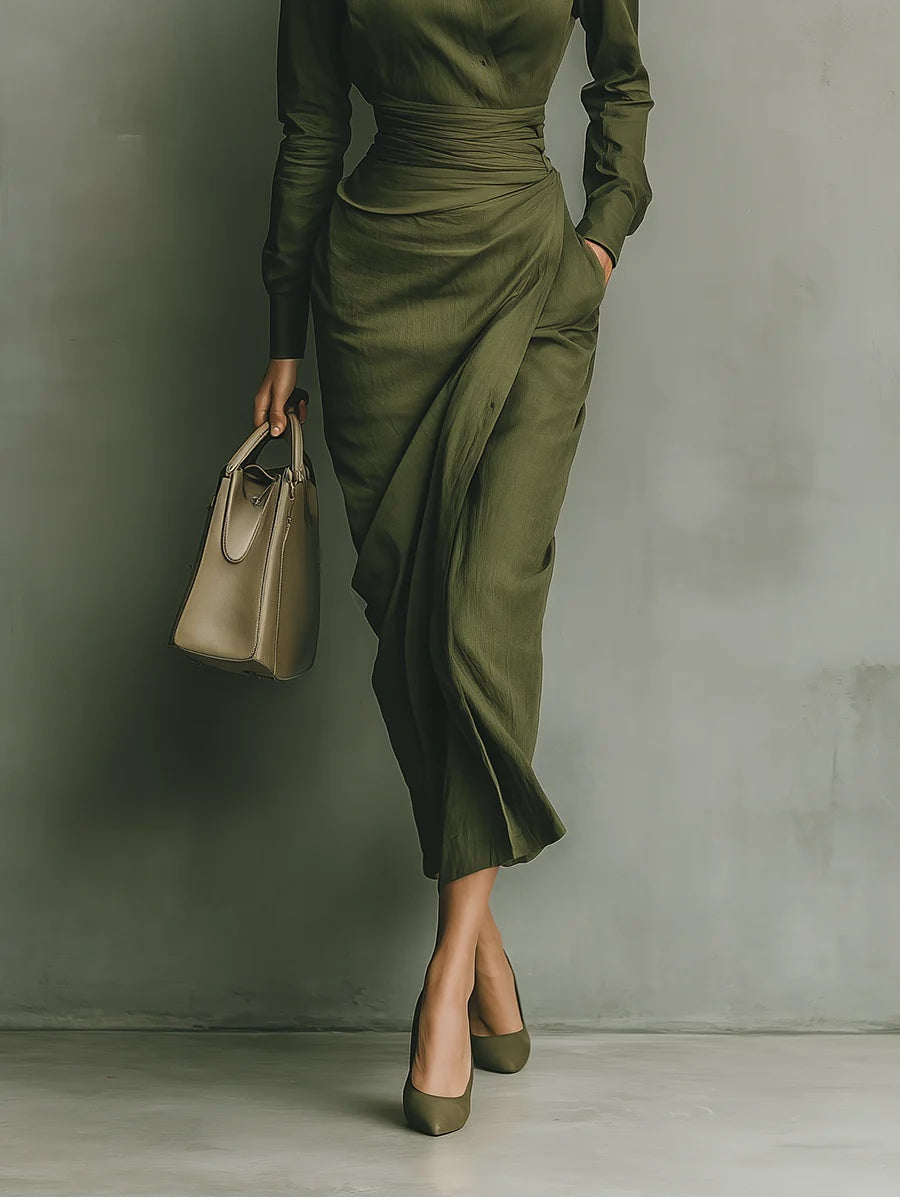 Vestido largo mezclado de algodón verde ejército