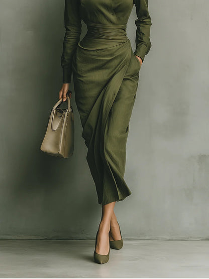 Vestido largo mezclado de algodón verde ejército