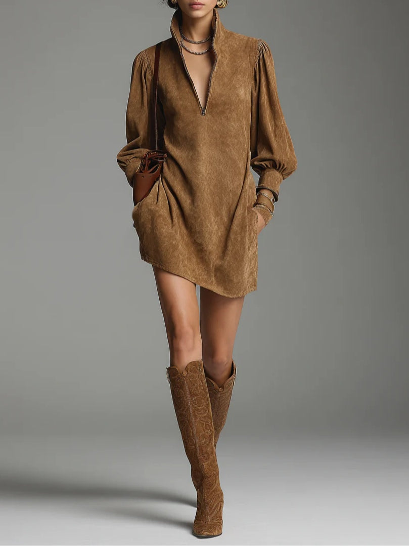 Vestido mini de ante marrón suelto con cremallera y cuello alto