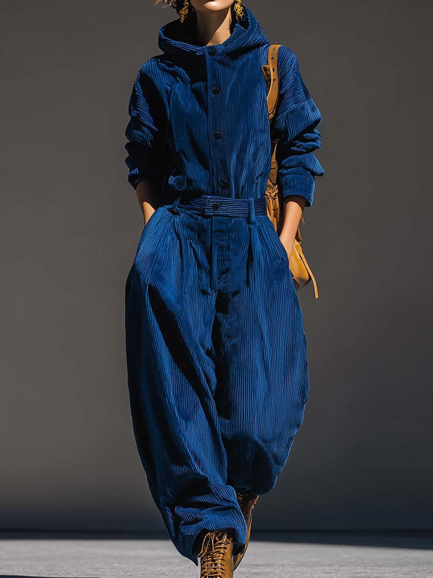 Conjunto de sudadera con capucha de pana azul y pantalones de pierna ancha