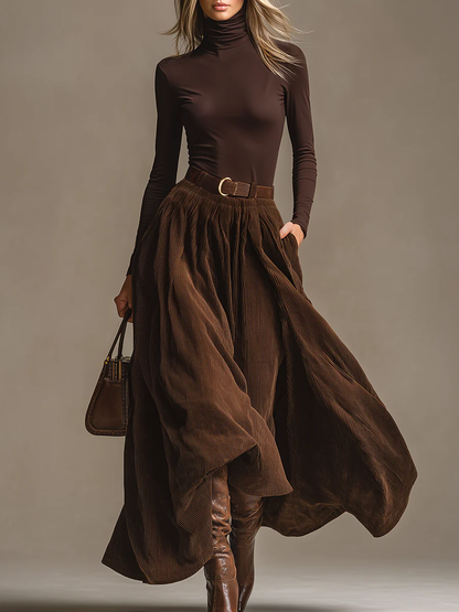 Conjunto de top de cuello alto marrón oscuro y falda de pana