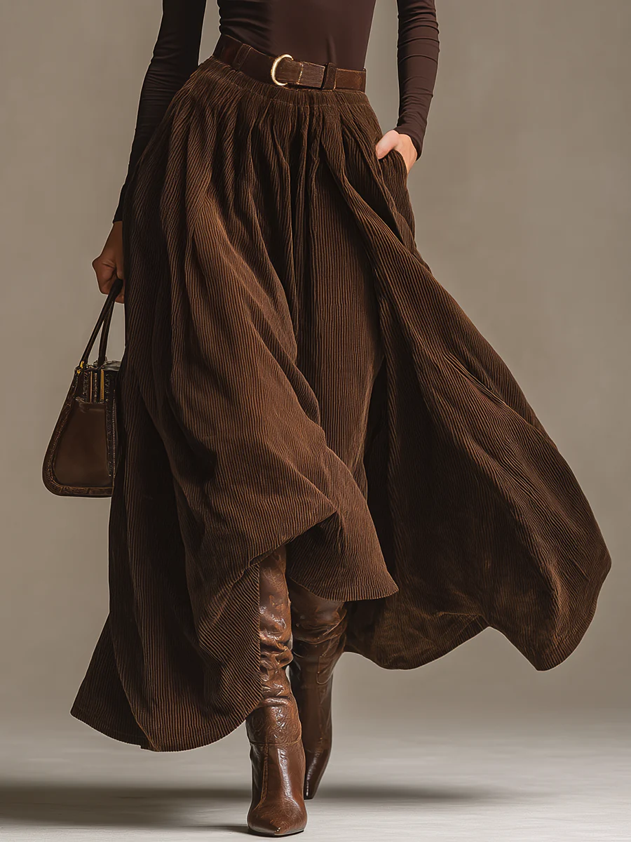 Conjunto de top de cuello alto marrón oscuro y falda de pana