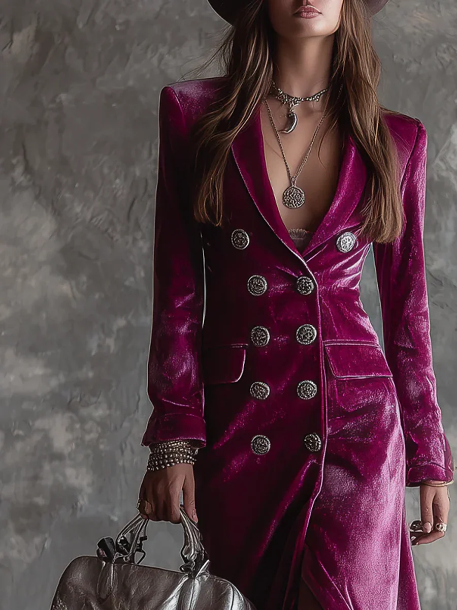 Vestido largo maxi blazer de terciopelo morado con botones delanteros
