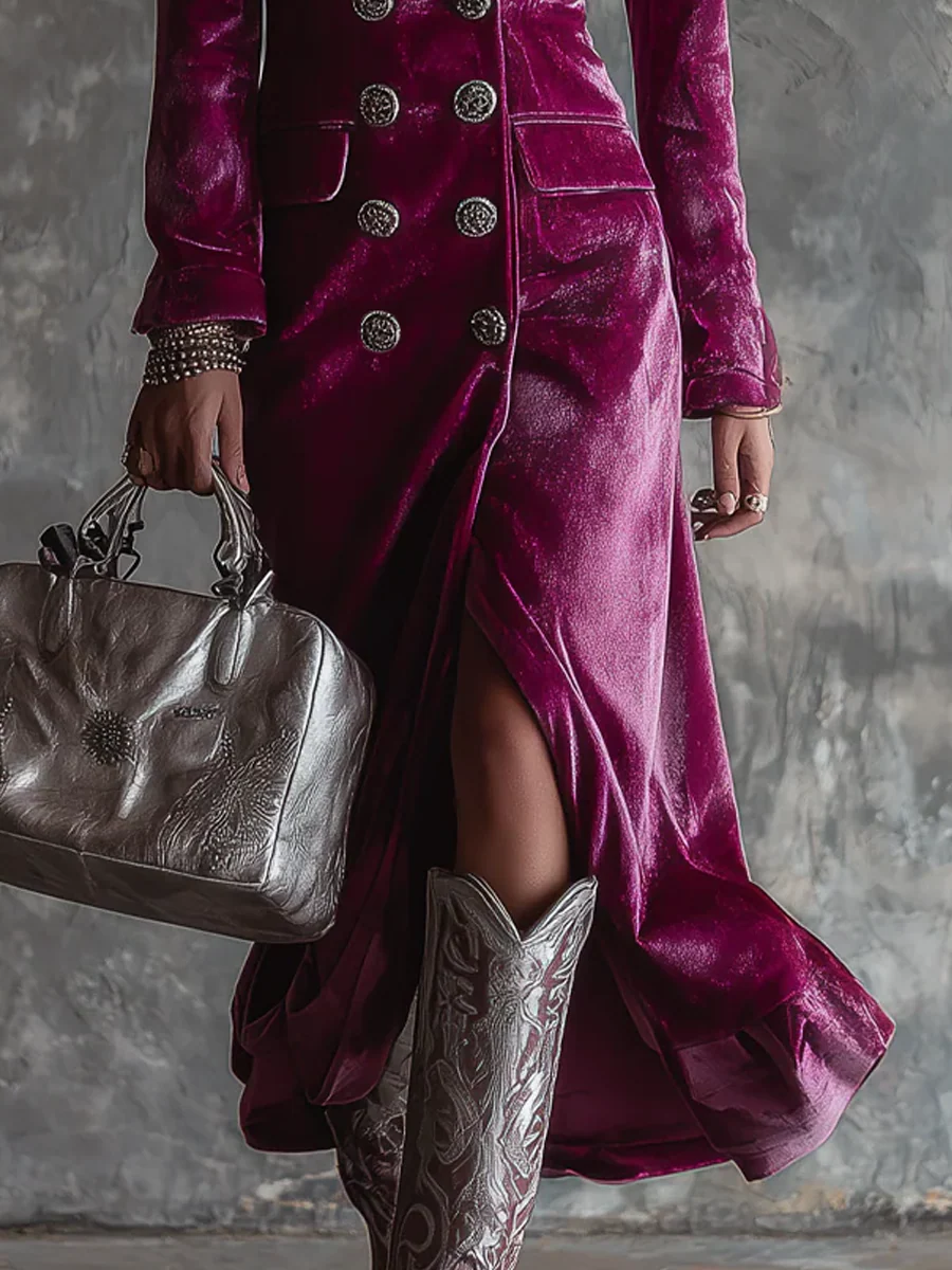 Vestido largo maxi blazer de terciopelo morado con botones delanteros
