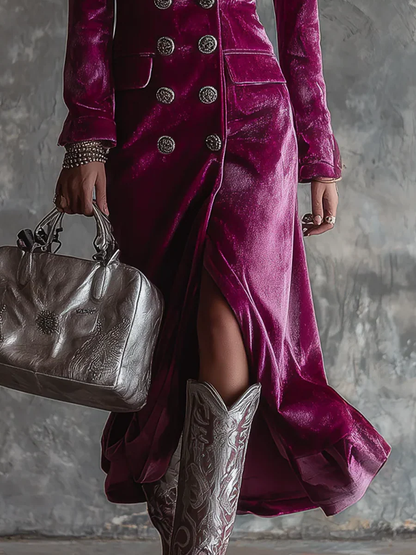 Vestido largo maxi blazer de terciopelo morado con botones delanteros