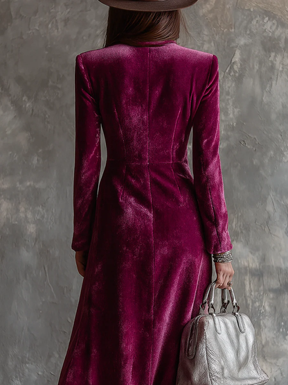 Vestido largo maxi blazer de terciopelo morado con botones delanteros