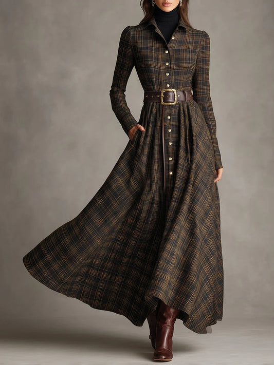Vestido largo de camisa de solapa de cuadros marrón y negro de un solo pecho
