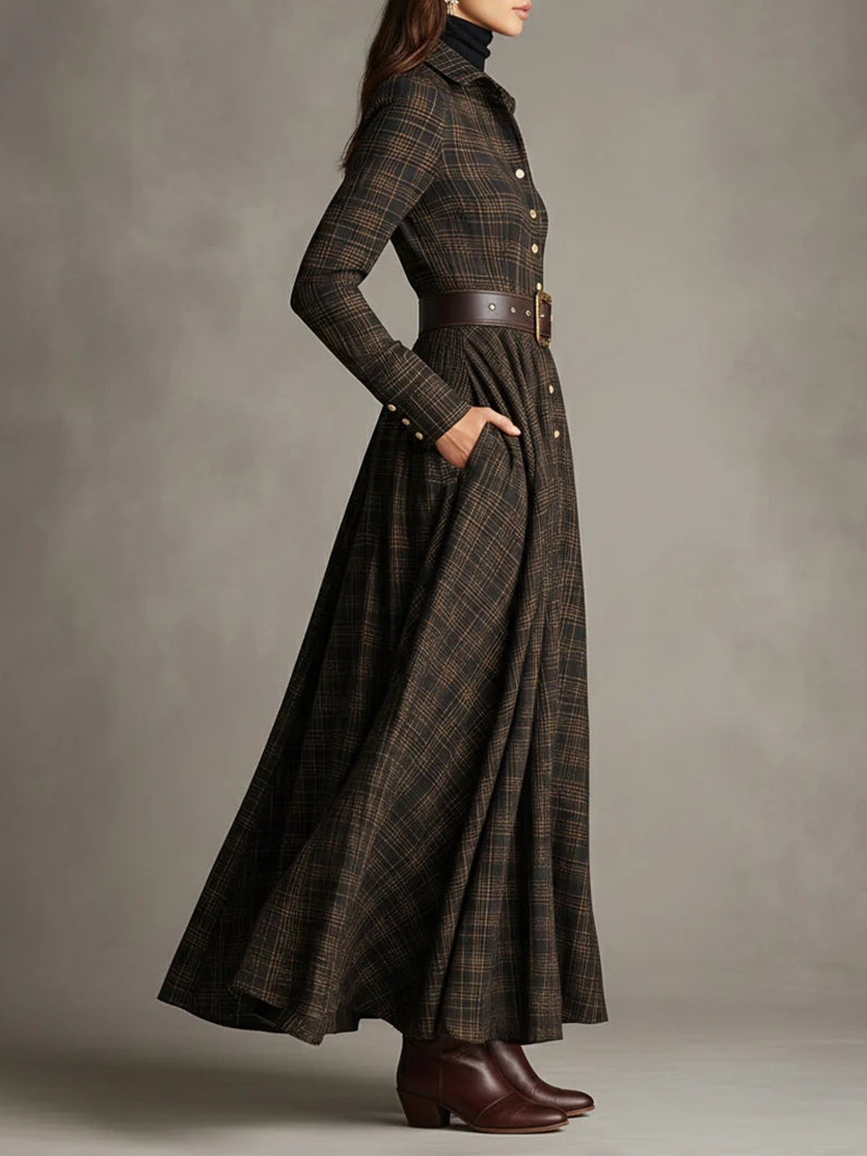 Vestido largo de camisa de solapa de cuadros marrón y negro de un solo pecho