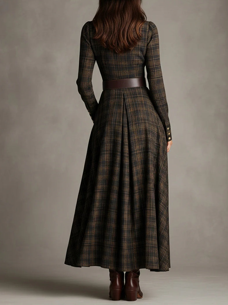 Vestido largo de camisa de solapa de cuadros marrón y negro de un solo pecho