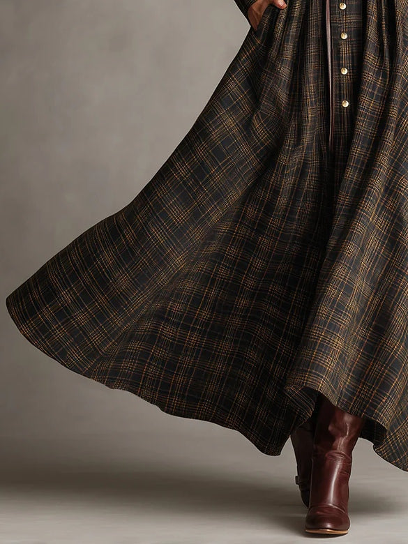 Vestido largo de camisa de solapa de cuadros marrón y negro de un solo pecho