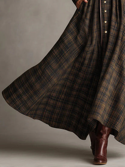 Vestido largo de camisa de solapa de cuadros marrón y negro de un solo pecho