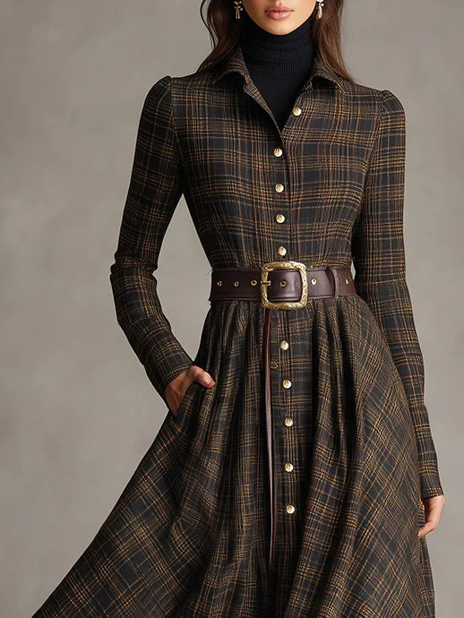 Vestido largo de camisa de solapa de cuadros marrón y negro de un solo pecho