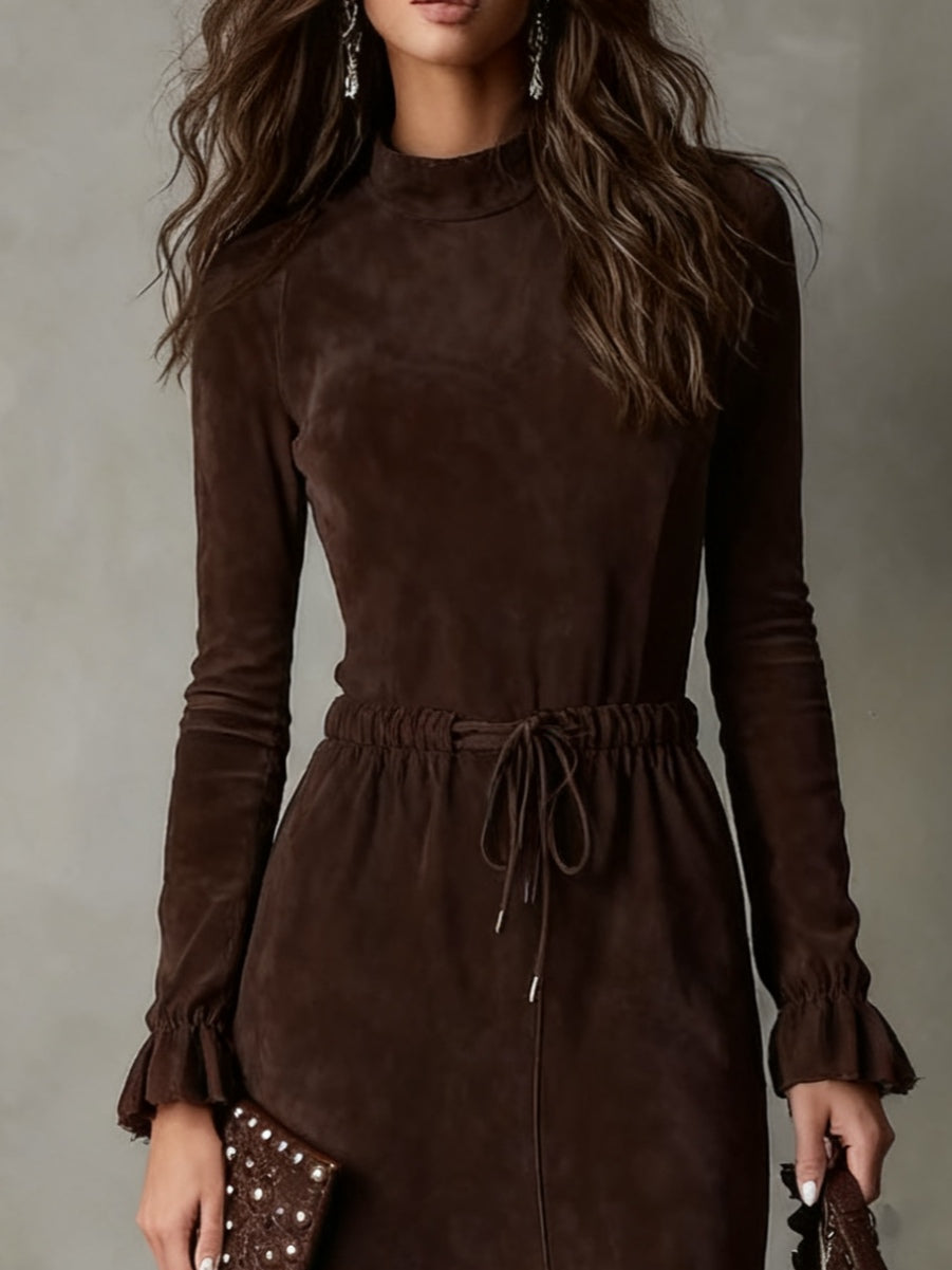 Vestido midi irregular de ante marrón oscuro elegante con cordón