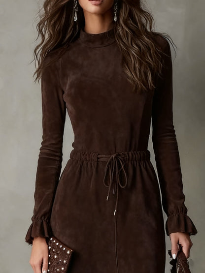 Vestido midi irregular de ante marrón oscuro elegante con cordón