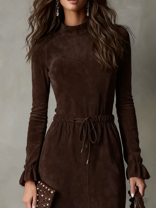 Vestido midi irregular de ante marrón oscuro elegante con cordón