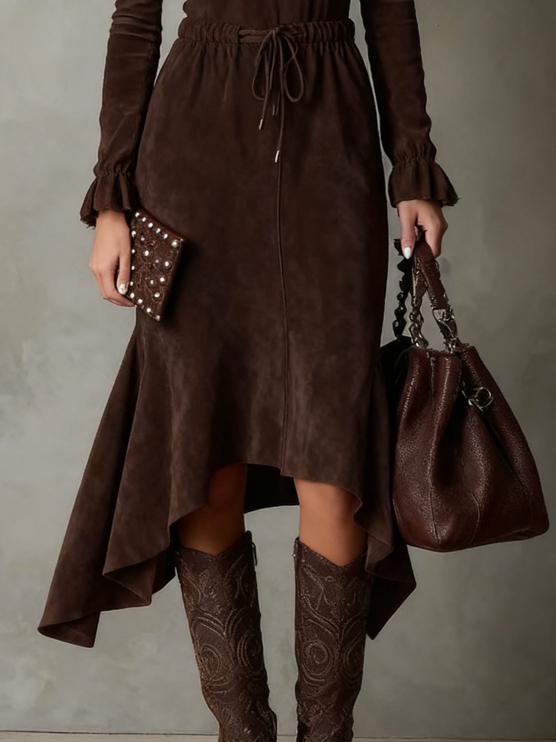 Vestido midi irregular de ante marrón oscuro elegante con cordón