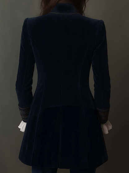 Chaqueta larga bordada vintage de terciopelo de poliéster azul marino
