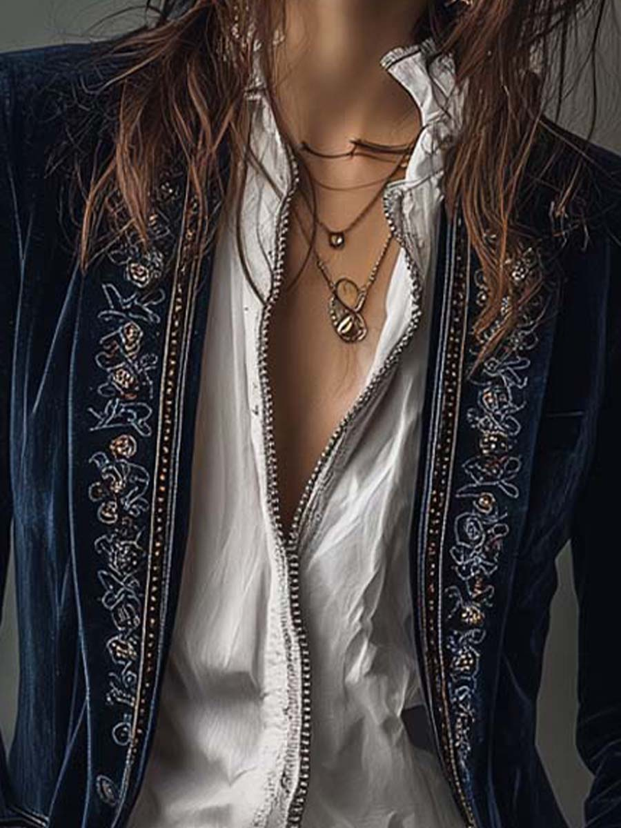Chaqueta larga bordada vintage de terciopelo de poliéster azul marino