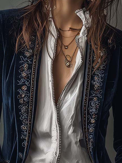 Chaqueta larga bordada vintage de terciopelo de poliéster azul marino