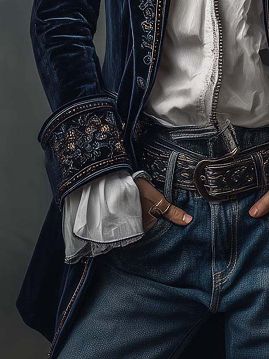 Chaqueta larga bordada vintage de terciopelo de poliéster azul marino