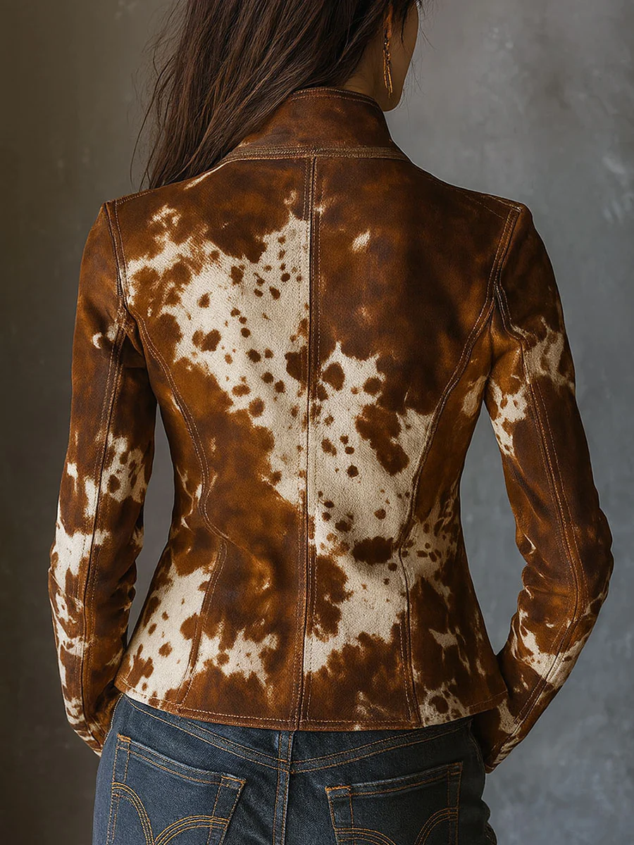 Chaqueta ajustada vintage con cuello de pie y estampado de vaca