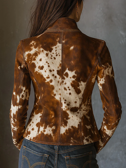 Chaqueta ajustada vintage con cuello de pie y estampado de vaca