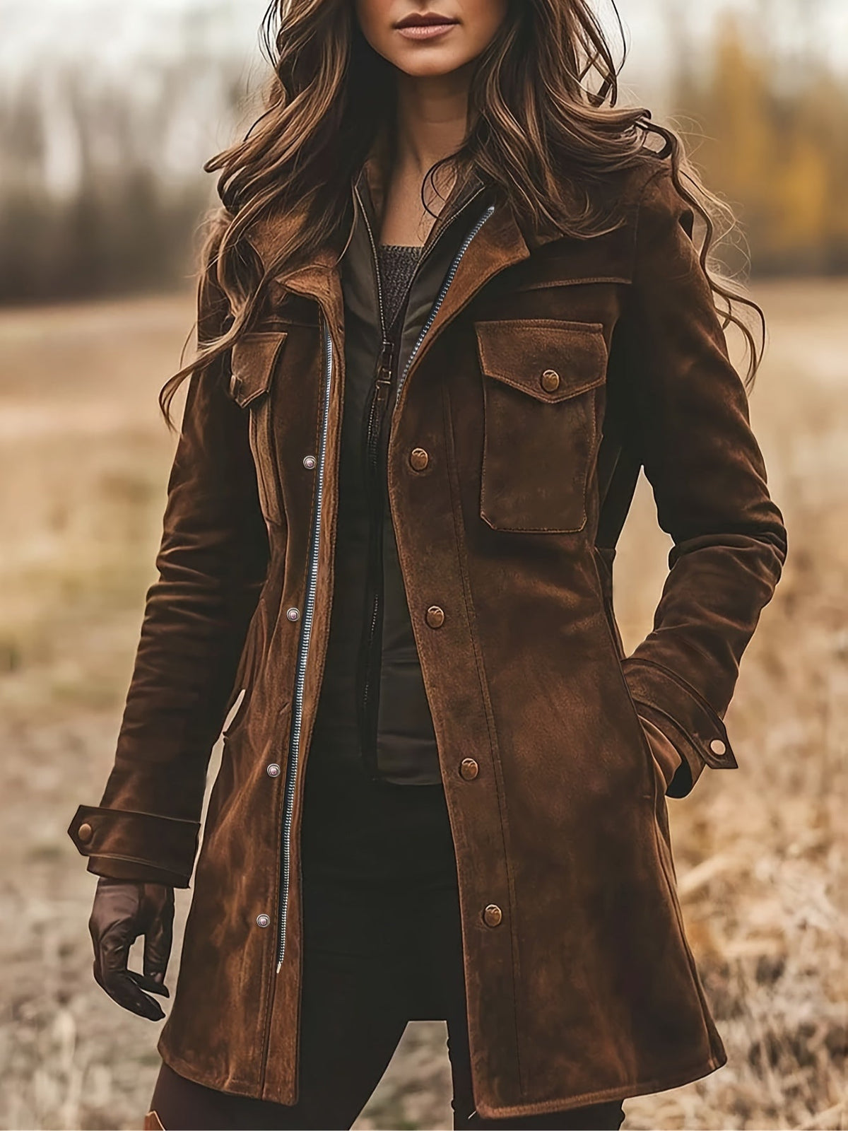 Abrigo chaqueta vintage de ante con cuello de solapa y largo medio