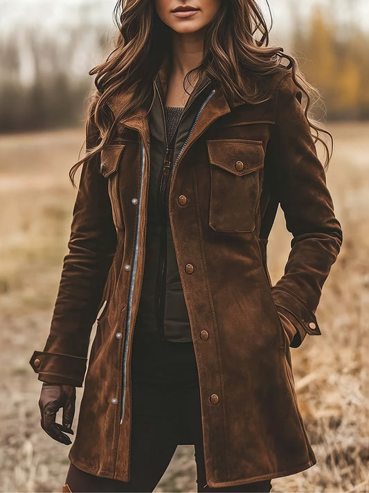Abrigo chaqueta vintage de ante con cuello de solapa y largo medio