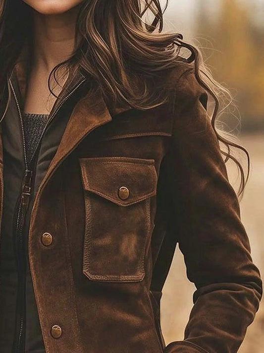 Abrigo chaqueta vintage de ante con cuello de solapa y largo medio