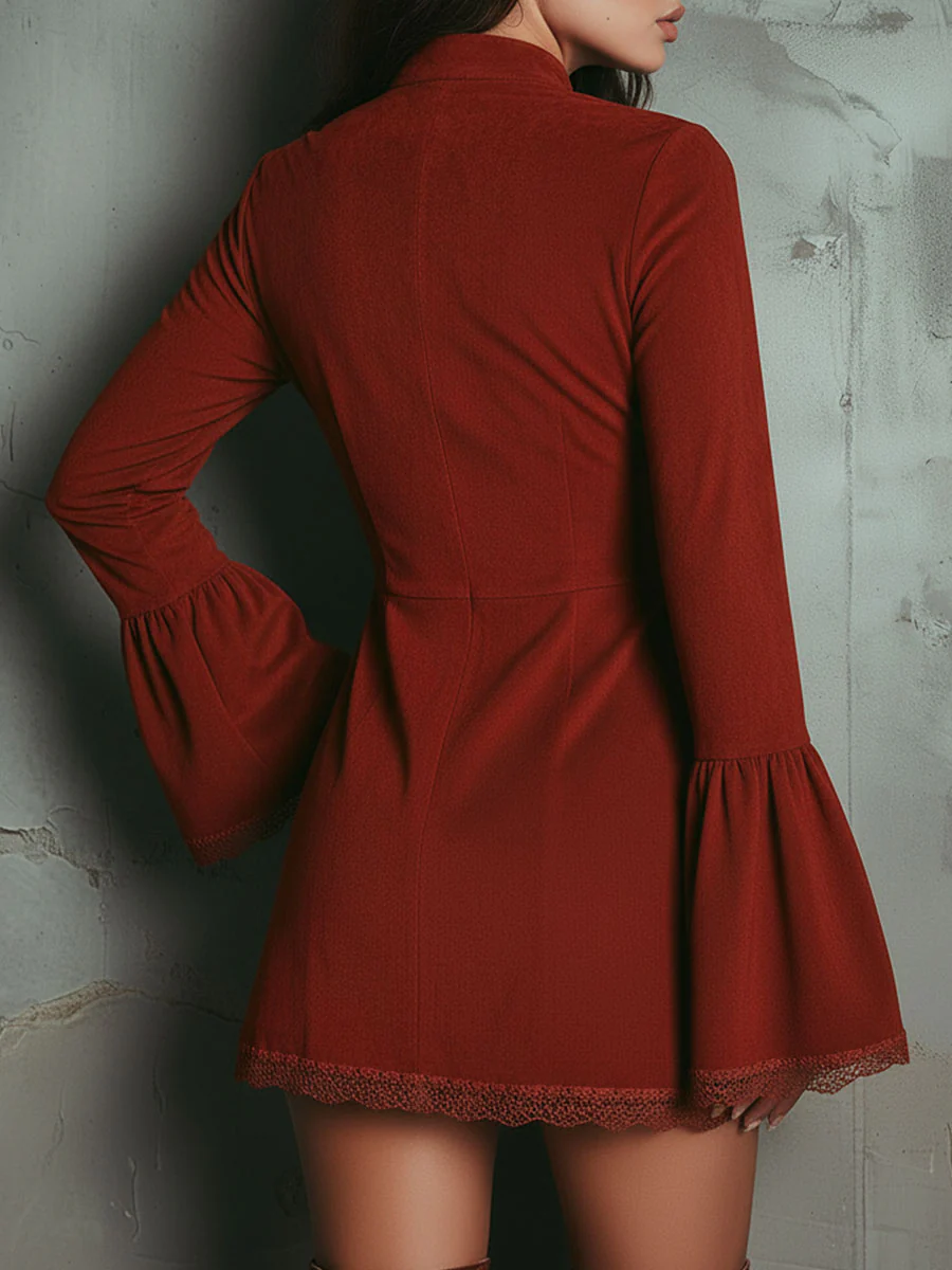 Vestido mini vintage rojo óxido con mangas acampanadas bordadas y encaje de ante sintético