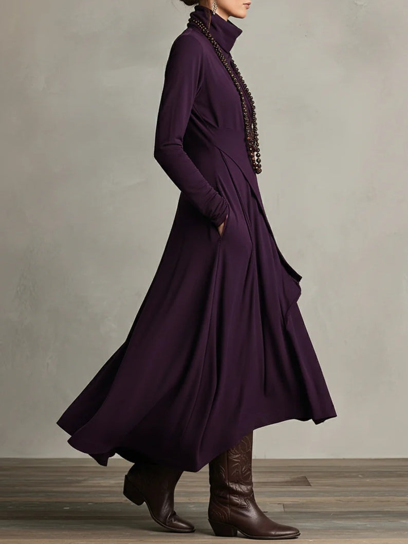 Vestido maxi plisado asimétrico de cuello alto morado