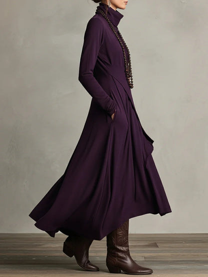 Vestido maxi plisado asimétrico de cuello alto morado