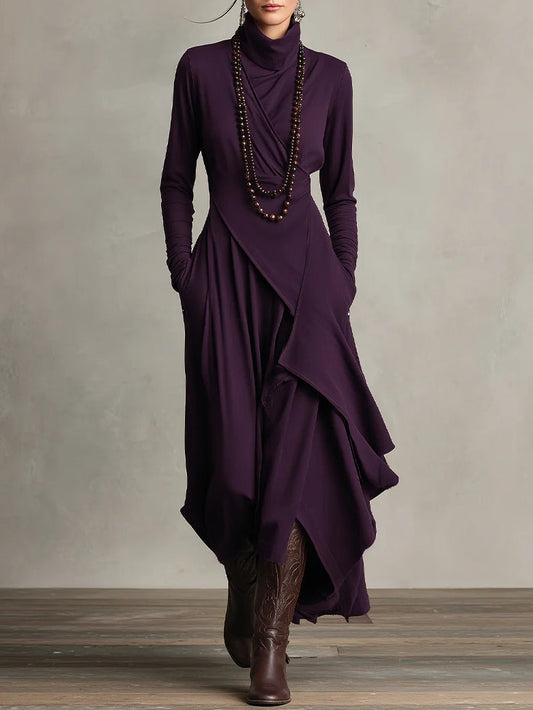 Vestido maxi plisado asimétrico de cuello alto morado