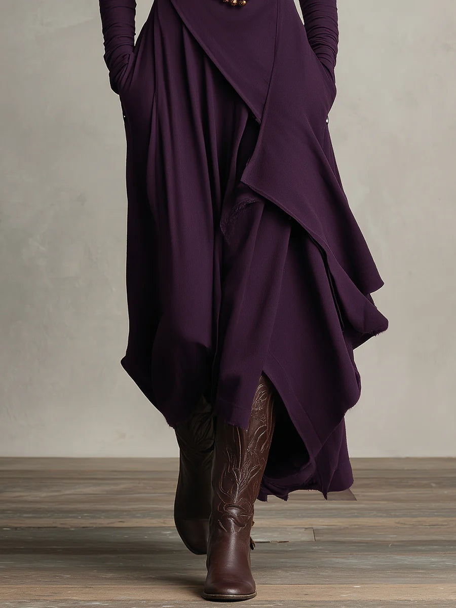 Vestido maxi plisado asimétrico de cuello alto morado