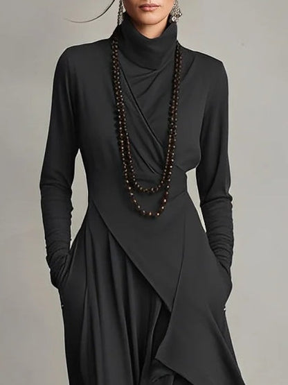 Vestido maxi plisado asimétrico de cuello alto morado
