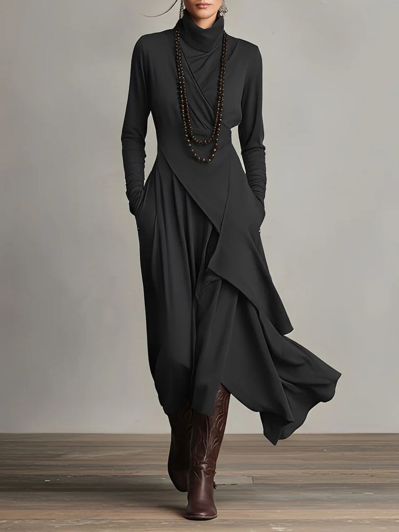 Vestido maxi plisado asimétrico de cuello alto morado
