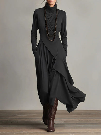 Vestido maxi plisado asimétrico de cuello alto morado