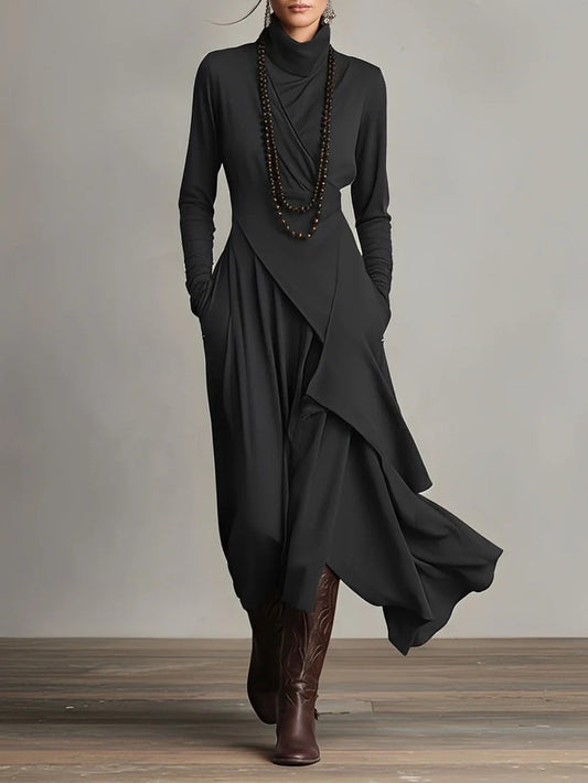 Vestido maxi plisado asimétrico de cuello alto morado