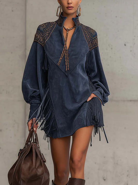 Vestido mini de antelina sintética índigo con bordado y borlas