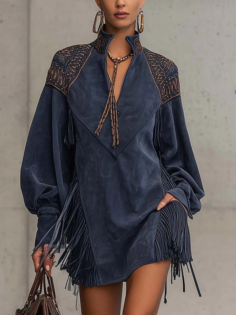 Vestido mini de antelina sintética índigo con bordado y borlas
