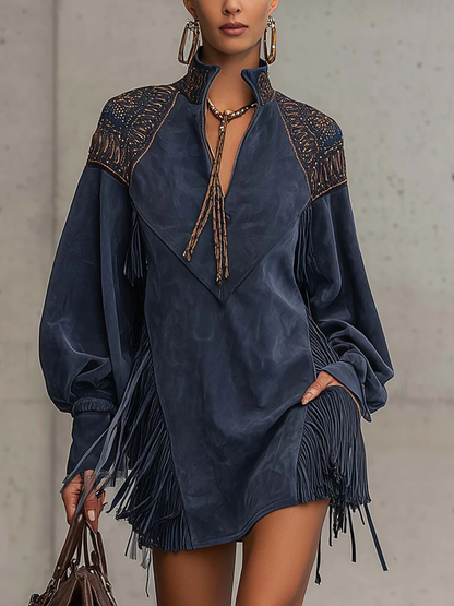 Vestido mini de antelina sintética índigo con bordado y borlas